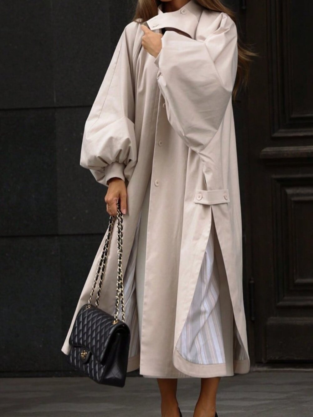 Apricot Casual Women's Buttoned Pocket Long Oversized Trench Coat